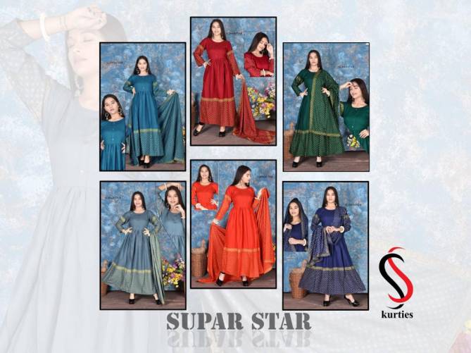 Ss Kurtis Super Star Shine Heavy Art Festive Wear Fancy Designer Printed Rayon Anarkali Kurtis With Dupatta Collection